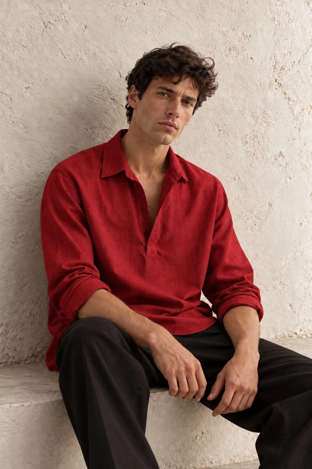 Kurta Linen Shirt - Brick Red