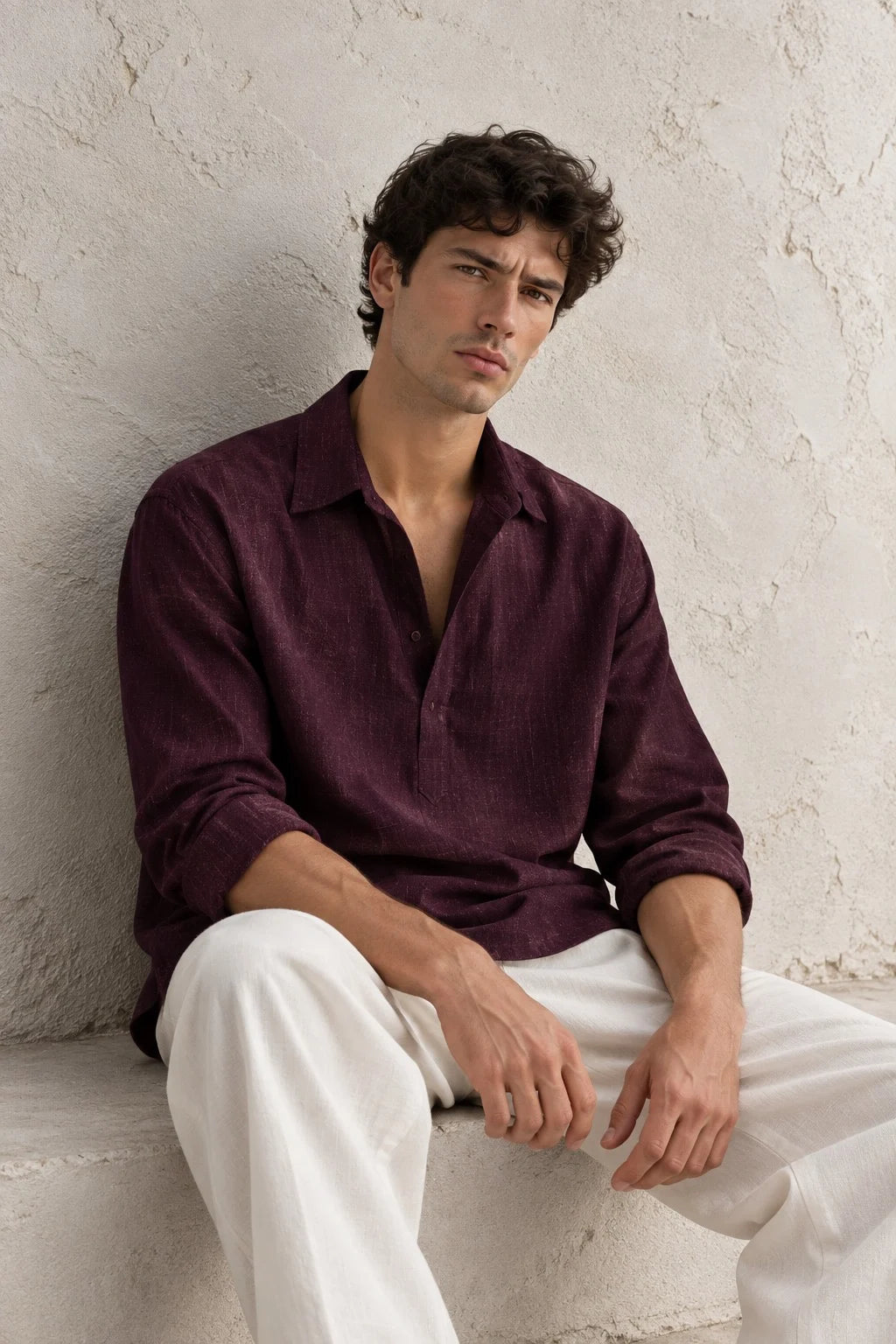 Kurta Linen Shirt - Wine Red