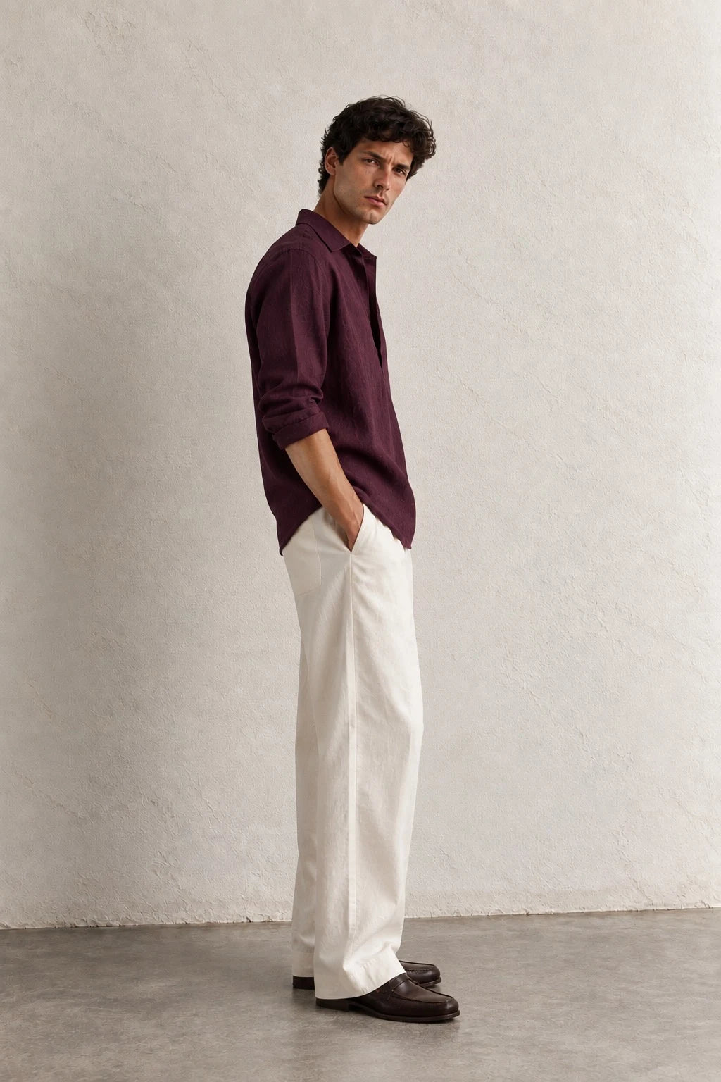Kurta Linen Shirt - Wine Red