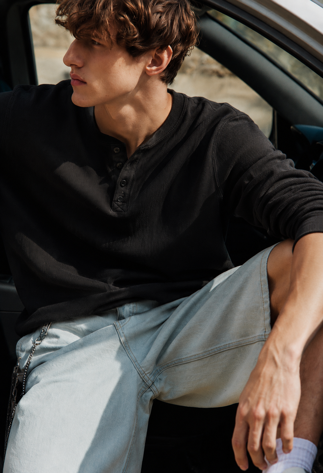 Washed Waffle Full Sleeve T-Shirt - Black