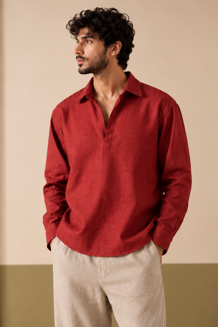 Kurta Linen Shirt - Brick Red