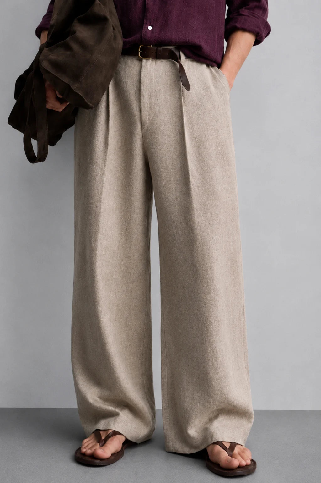 Natural Beige Linen Wide Leg Trousers