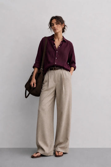 Natural Beige Linen Wide Leg Trousers