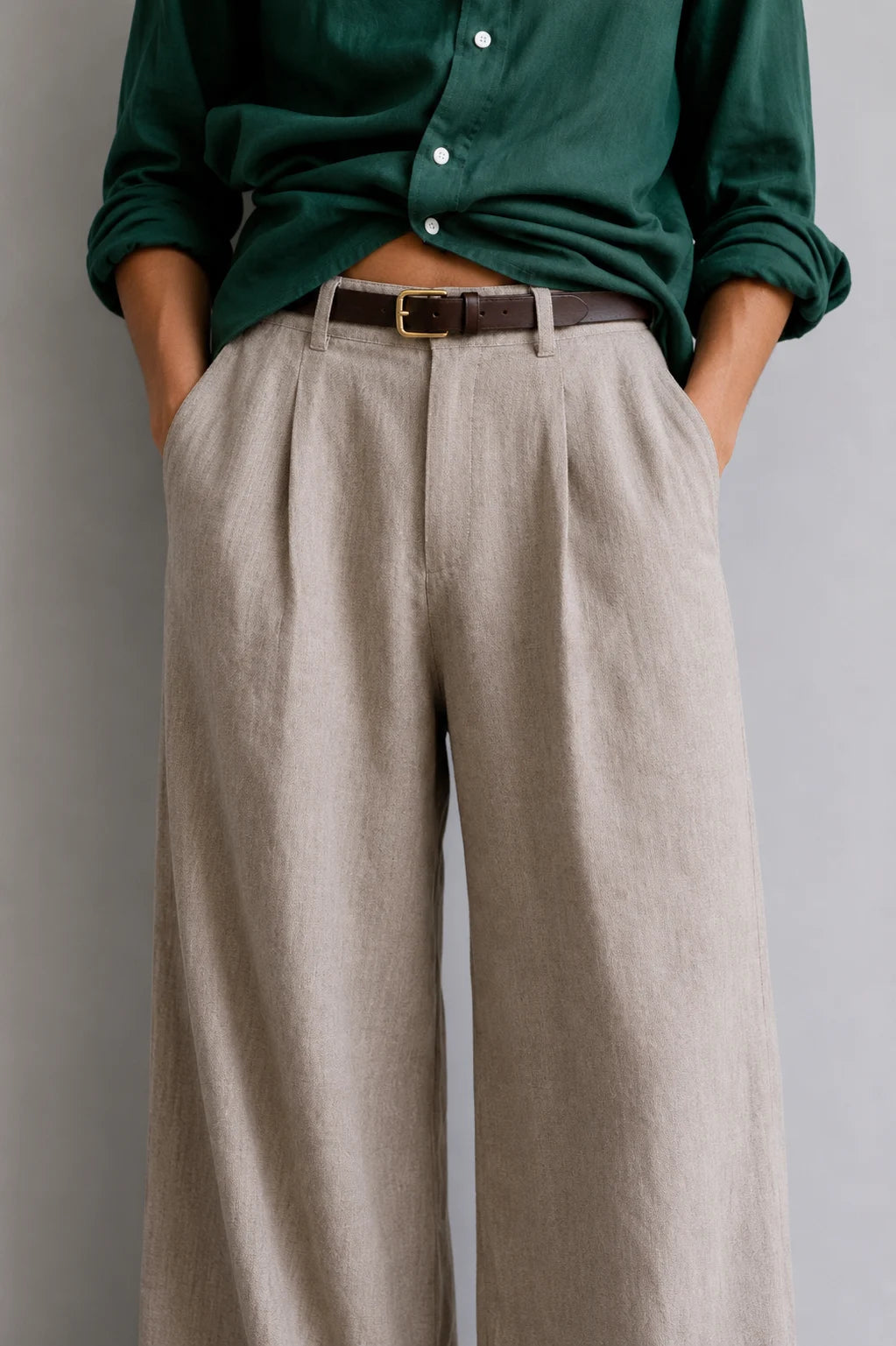 Natural Beige Linen Wide Leg Trousers