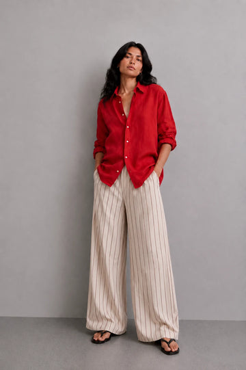 Natural Pinstripe Linen Wide Leg Trousers