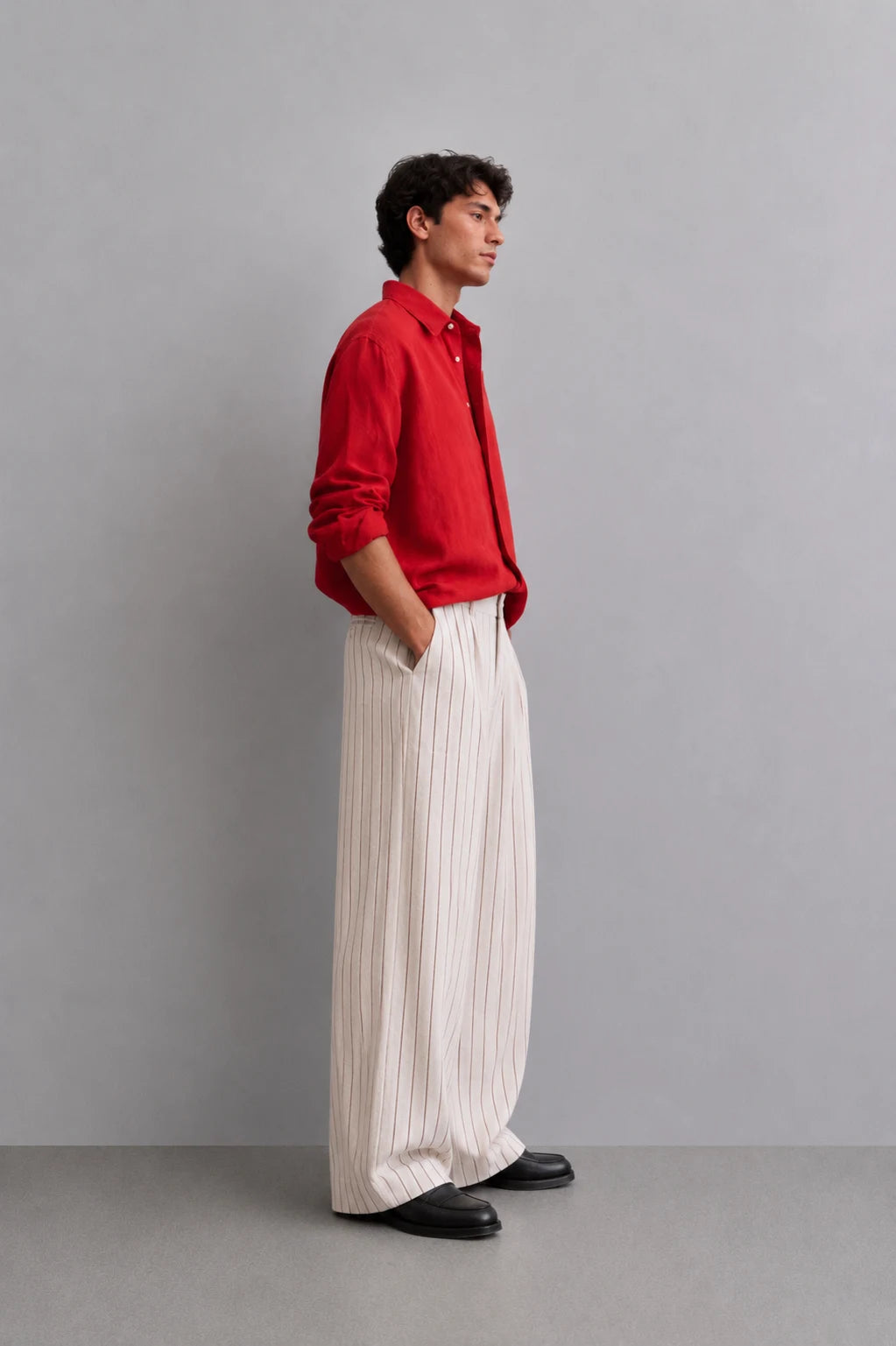 Natural Pinstripe Linen Wide Leg Trousers