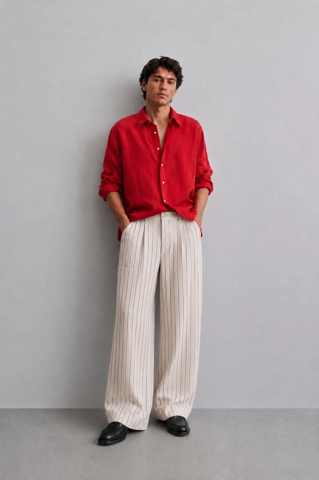 Natural Pinstripe Linen Wide Leg Trousers
